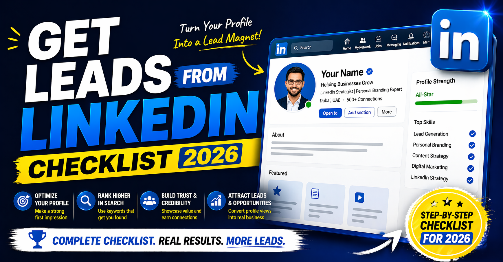 LinkedIn optimization checklist 2026 banner showing steps to improve profile visibility, build connections, and generate leads