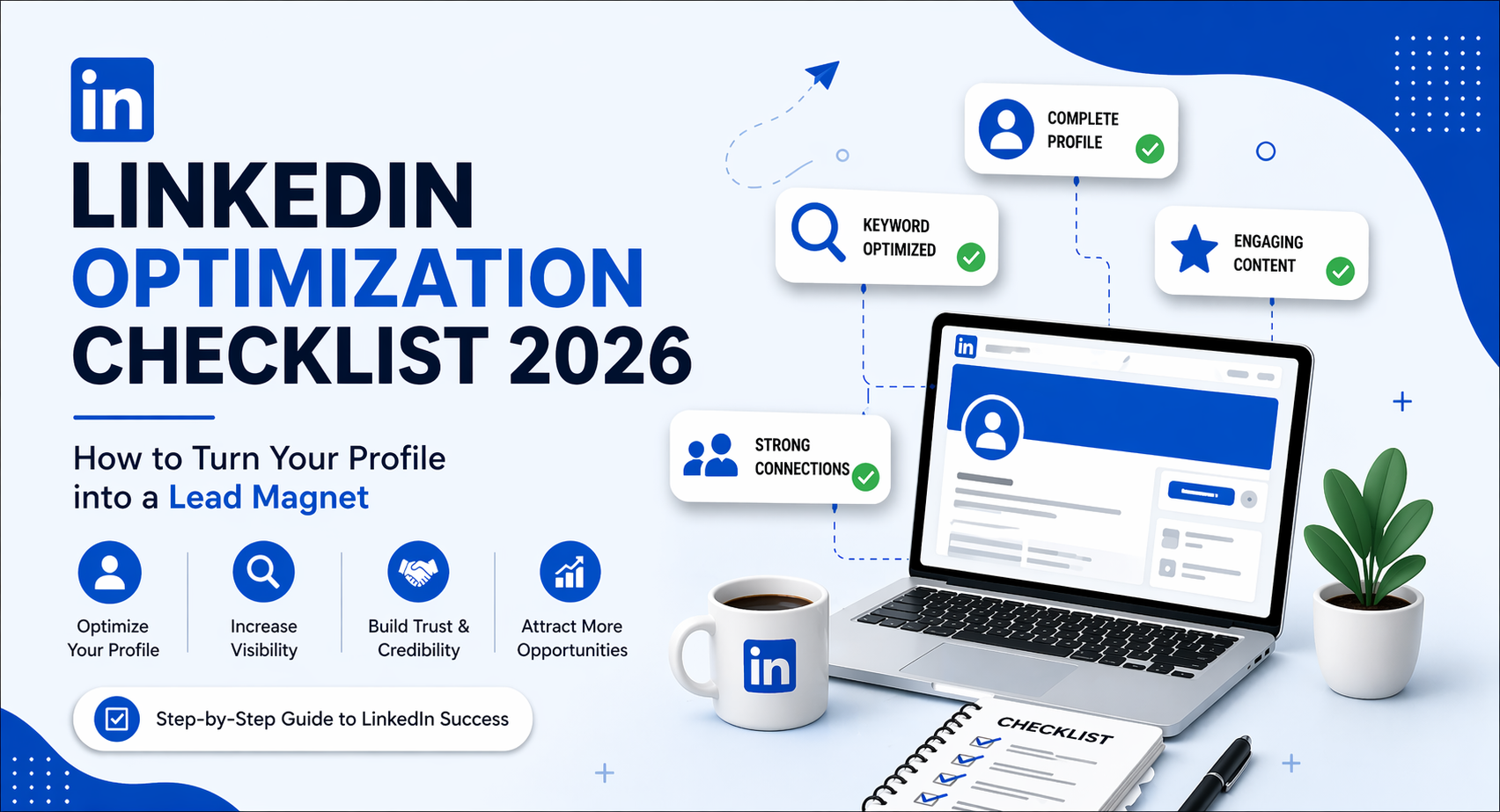 LinkedIn optimization checklist 2026 showing profile improvement steps for visibility, leads, and personal branding
